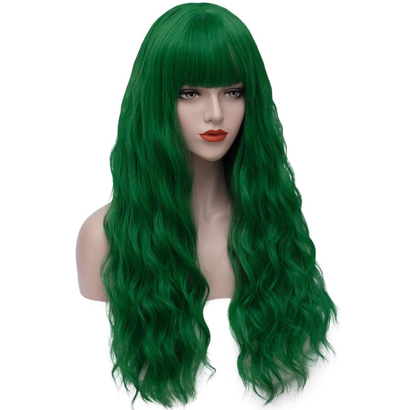 Juziviee Green Wigs for Women 26'' Long Green Wig with Bangs Curly Wavy Cute Synthetic Soft Hair Wigs for St Patrick's Party AD002GR - Image 2